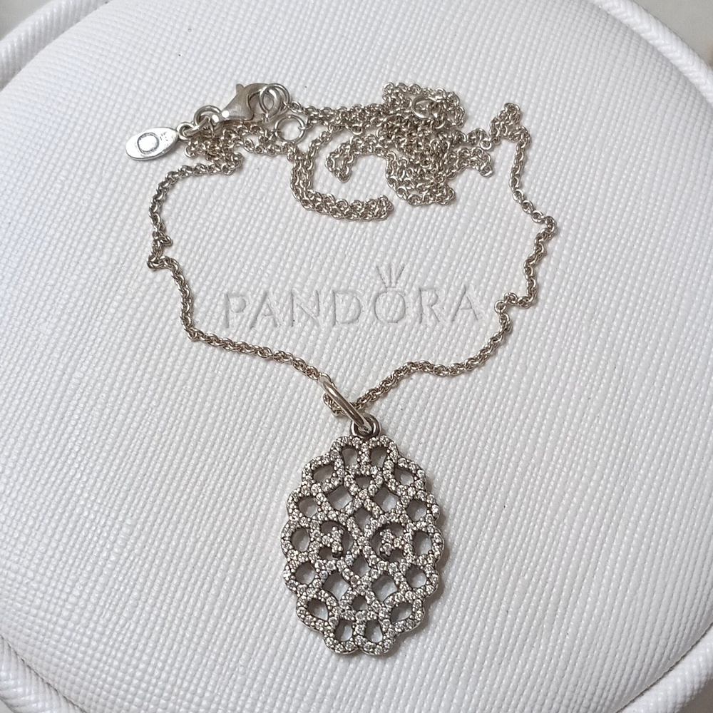 Auth. Pandora Sterling Silver Shimmering Lace Vintage Necklace With Clear CZs
